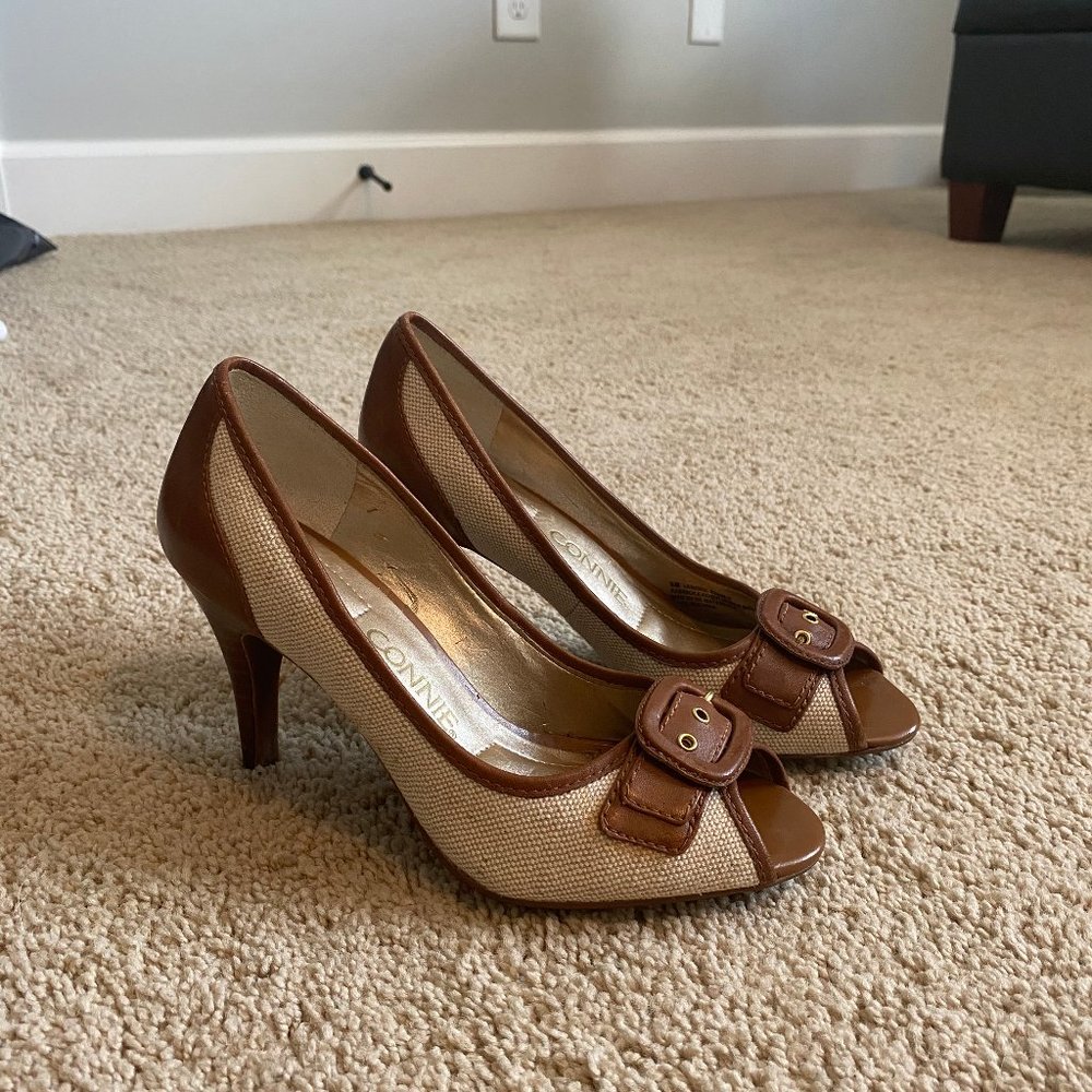 Connie Cream and Brown Buckle Heel